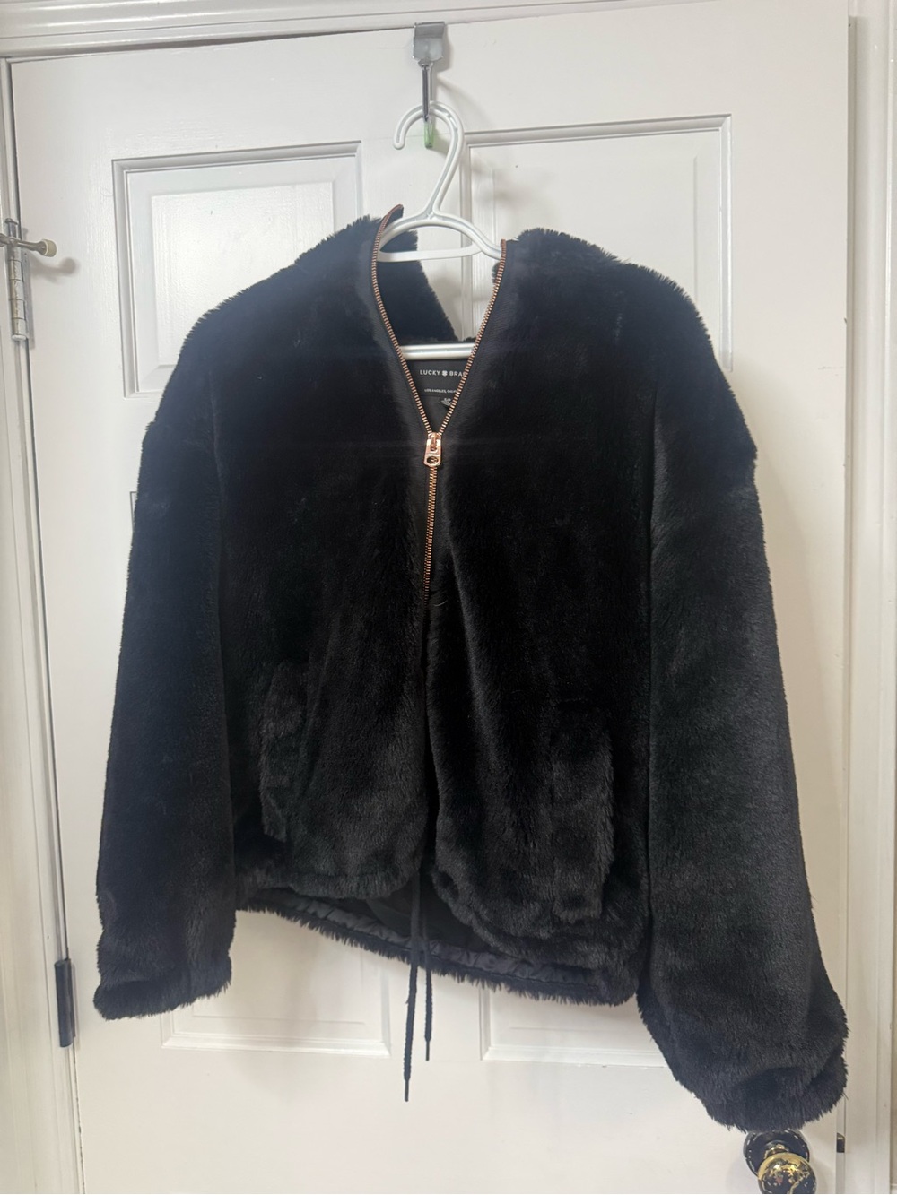 Lucky Brand Black Faux Fur Zip-Up Hoodie with Gold Hardware